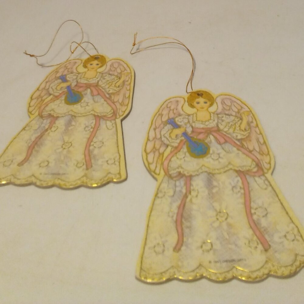 Angel Christmas Ornament 2 Die Cut Cardboard Vintage 1991 Gibson 4.5" Gold Pink